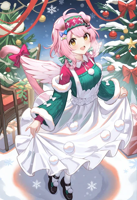goldenglow \(arknights\), tail bow, animal ears, cat ears, tail ornament, tail, cat tail, pink hair, 1girl, bow, cat girl, solo, smile, shirt, braid, green sleeves, wreath, thighhighs, skirt, hairband, fur-trimmed sleeves, shoes, official alternate costume, white skirt, long sleeves, black footwear, floppy ears, looking at viewer, :d, red bow, open mouth, yellow eyes, fur trim, white thighhighs, wings, green shirt, green sweater, footwear bow, detached sleeves, red hairband, green bow, long hair, christmas tree, pom pom \(clothes\), apron, snow, christmas, christmas ornaments, snowflakes, full body, skirt hold, hair bow, long skirt, white apron, twin braids,
masterpiece,best quality,newest,absurdres,highres,very awa,<lora:alguang1_noob1.1-000178:0.8>,