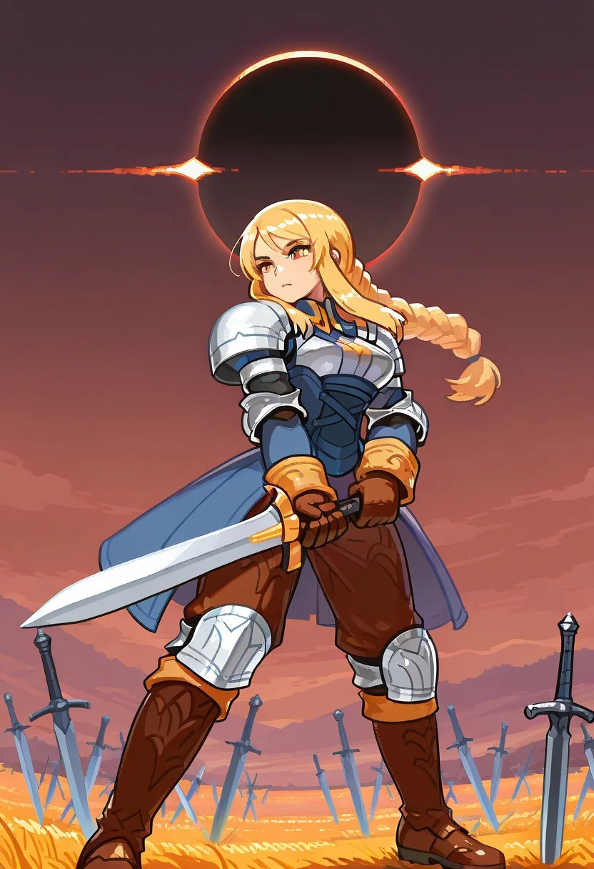 masterpiece, best quality, Csp2Pixel, 1 girl, fftag, blonde hair, braided ponytail, sidelocks, long hair, brown eyes, large breasts, armor, shoulder armor, blue dress, blue corset, elbow pads, long sleeves, brown pants, brown gloves, knee pads, brown boots, detailed background, sunrise stance, weapon, sword, holding weapon, holding, holding sword, field of blades, eclipse,