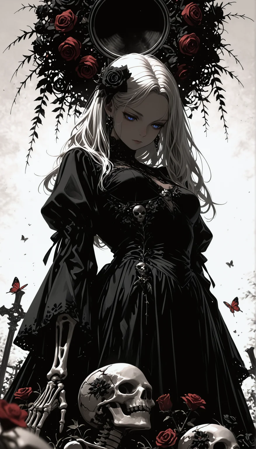 masterpiece, best quality, newest, highres, absurdres,no lineart, no outline, detailed, 1girl, long hair, blue eyes, hair ornament, dress, flower, hair flower, black dress, rose, bug, red flower, butterfly, skull, skeleton, black flower, white theme,limited palette,tenebrism,from below,dutch angle, blurry foreground