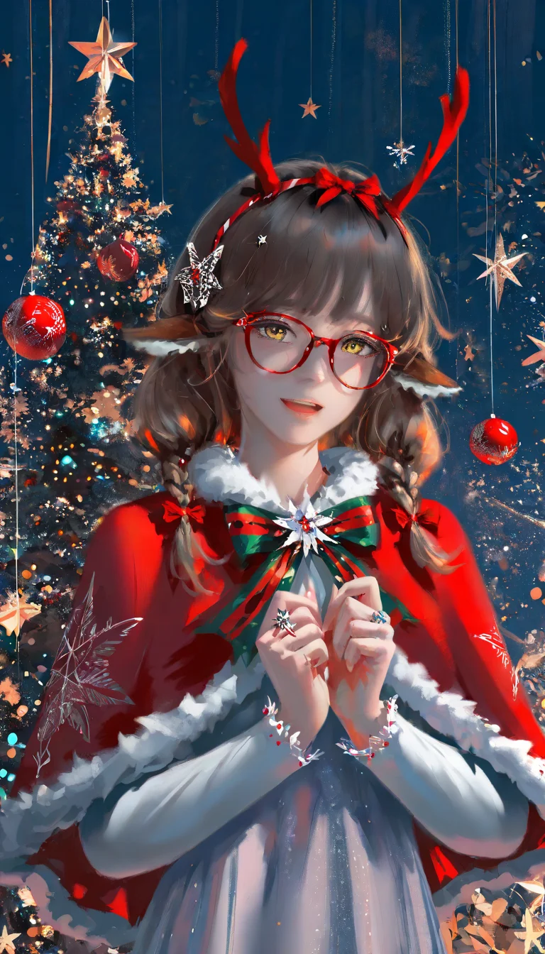 masterpiece, best quality, good quality, very aesthetic, absurdres, newest,wlop, 1girl, solo, long hair, holding, christmas, looking at viewer, animal ears, open mouth, smile, upper body, glasses, bow, horns, capelet, star \(symbol\), long sleeves, hair ornament, deer ears, antlers, christmas ornaments, fur trim, hairband, ring, brown hair, yellow eyes, red bow, frills, christmas tree, hair bow, :d