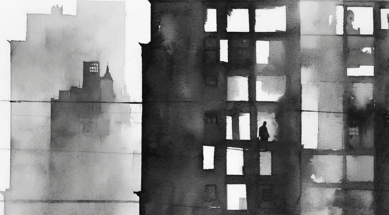 drawix22 city ââblocks of flats, claustrophobic, dark , close-up of the silhouette of a person in the window,  black ink, very detailed <lora:drawix22:1>