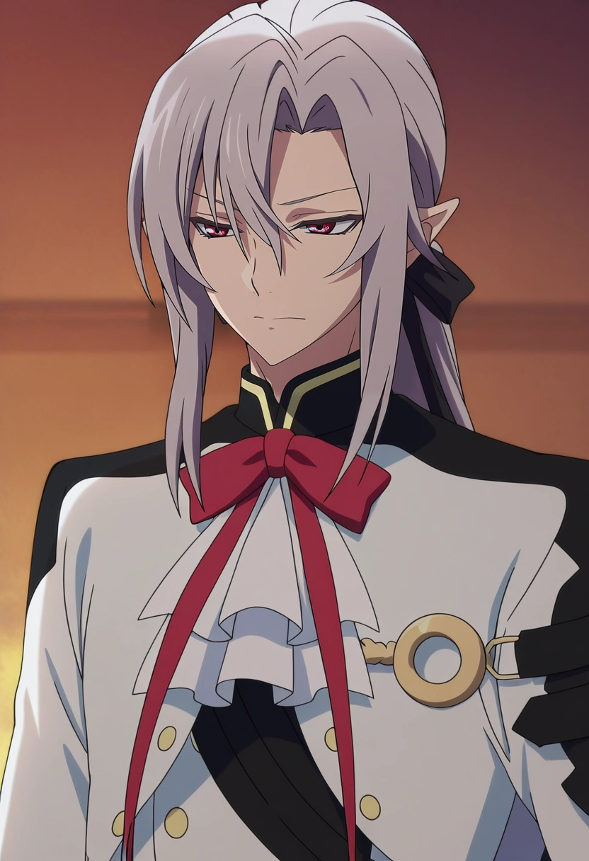 masterpiece, best quality, intricate details, anime screencap, anime coloring, official style,, 1boy, solo, male focus, <lora:ferid_bathory_ilxl:0.94>, ferid_bathory, grey hair, red eyes, long hair, hair between eyes, pointy ears, ponytail, white jacket, red bowtie, ascot,