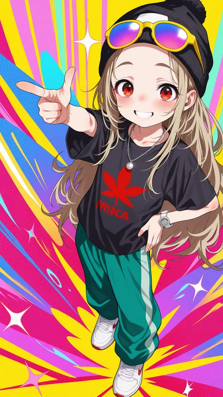 absurdres, best quality, amazing quality, yume kawaii, haguhagu \(rinjuu circus\), saturated, ((mika pikazo)), full body, (solo), 1girl, long hair, light brown hair, parted bangs, smile, :d, grin, sunglasses, yellow-framed eyewear, unworn eyewear, eyewear on headwear, red eyes, blush, (looking at viewer), multicolor-tinted eyewear, purple-tinted eyewear, pink-tinted eyewear, semi-circular eyewear, flat chest, skinny, beanie, black t-shirt, nike logo print, oversized clothes, silver wristwatch, silver necklace, maple leaf print pants, green pants, oversized pants, white sneakers, hand on own hip, finger gun, high tops, (three quarter view), abstract background, colorful, sparkle, dutch angle, cowboy shot, striped background, <lora:e9f3f5cc-3ec3-4b47-b8a9-c1cf70ef5f34:1.2>