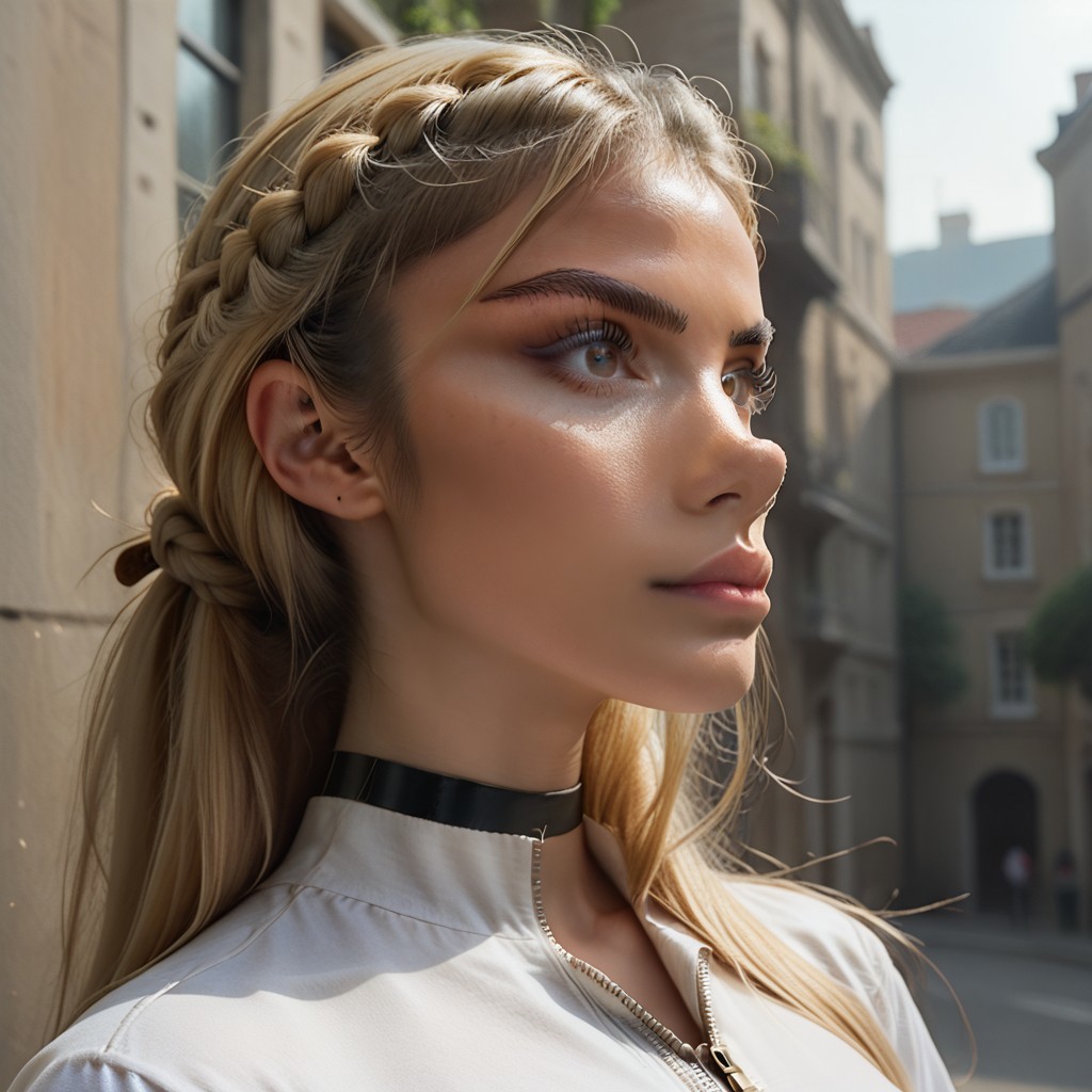 score_9, score_8_up:1.1), score_7_up,, Anime style, beautiful, shirt, blonde hair, large breasts, choker , gloves, white shirt, day, mole under eye, zipper, pants, long hair, braid, ((Upturned_nose)) , solo, headshot, ((((very long nose)))), detailed eyes, brown eyes