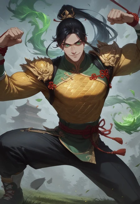 score_9, score_8_up, score_7_up, BREAK source_anime, source_cartoon, 1boy, happy, wide smile, ((expressive)), (((((chinese fighting pose)))), thin chin, solo, detailed face, detailed eyes, (Green eyes), white skin, black hair tied up, man with hair tied up, ((long hair)) (ponytail), ((glowing enery)), very muscular man, muscular chest, broad shoulders, Chinese combat attire, green Chinese clothing, golden sleeves, (((golden scale pattern))), loose black pants, red rope belt
BREAK
(((green fire in hands))), (flaming gauntlets in hands), green flaming eyes),
outside, grass, trees, flying leafs