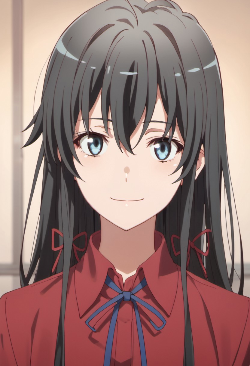 score_9, score_8_up, score_7_up, source_anime, yukinoshita yukino, long hair, black hair, blue eyes, 1girl, solo, shirt, ribbon, hair ribbon, smile, red shirt, collared shirt, red ribbon, looking at viewer, hair between eyes