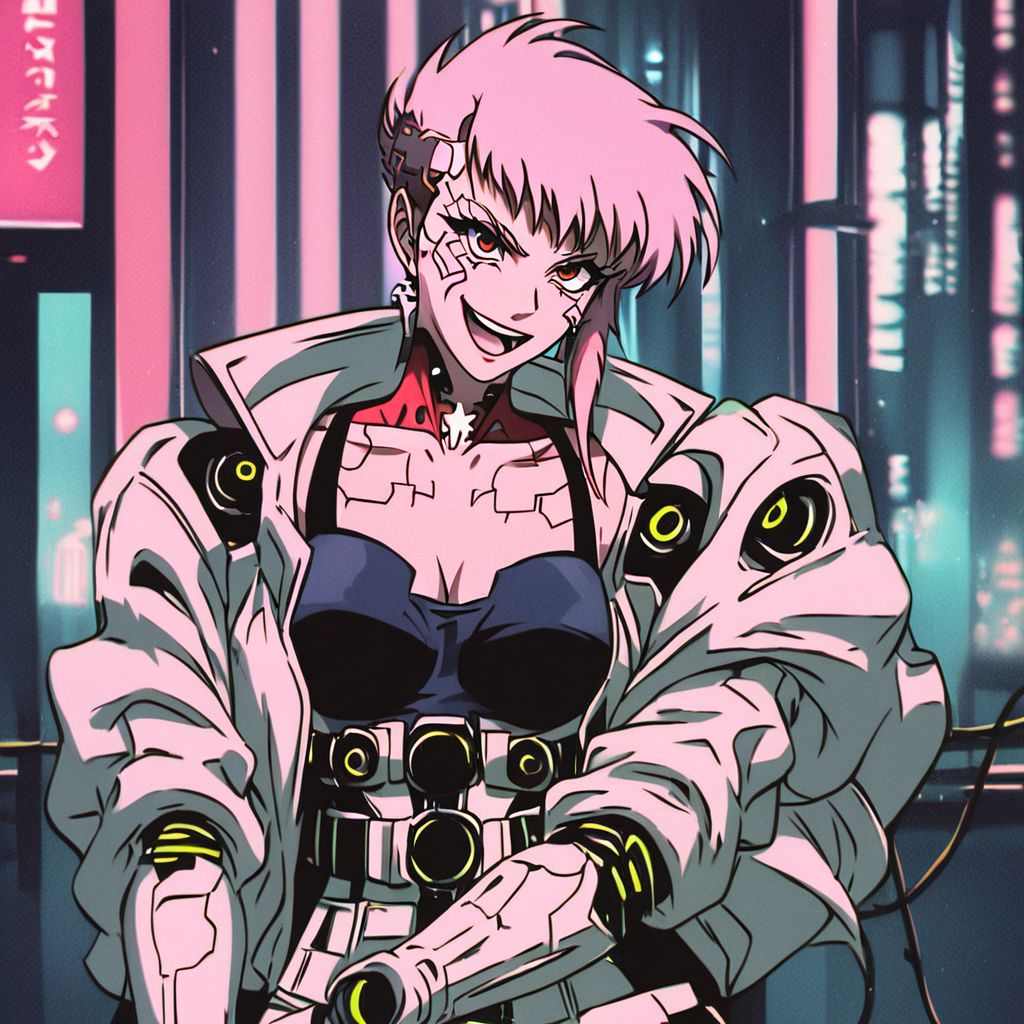 score_9, score_8_up, score_7_up, score_6_up, score_5_up, score_4_up,
BREAK
vintage, 1990s \(style\), retrowave, vaporwave, punk,
masterpiece, best quality, detailed art, correct anatomy, middle distance, anime style,
(ghost in the shell:1.2) style, (blade runner:1.2) style, femme fatale, anime girl, girl killer, assassin, white hair, red eyes, cyborg, crazy smile,
future, (cyberpunk:2), tokyo, busy street, neon lights in the background, megalopolis, (night:1.5) city, technology, wires