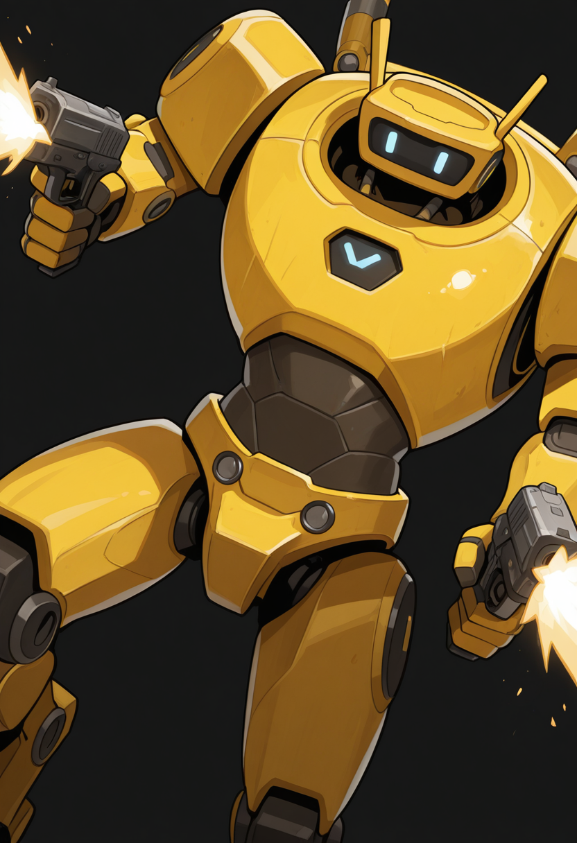 r0boquest, yellow robot, cowboy shot, from angle, solo, holding handgun, dual wielding, firing, serious eyes, simple background, action pose,
(masterpiece), (best quality), (ultra-detailed)