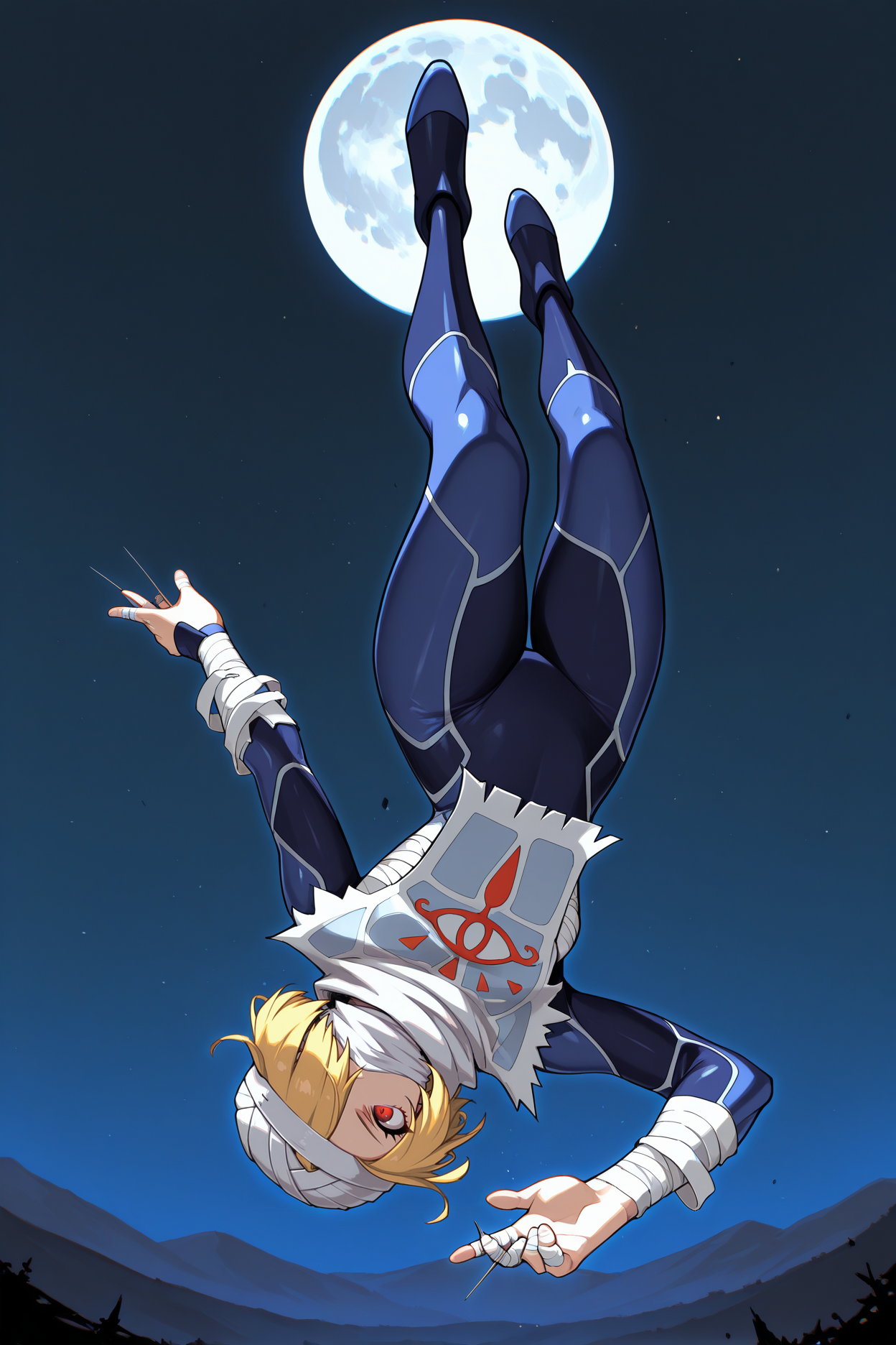 masterpiece, best quality, 1girl, solo, <lora:sheik-illu-nvwls-v1-000006:1> ootshk, blonde hair, hair over one eye, red eyes, turban, bandages, bandaged arms, tabard, dark blue bodysuit, backflip, upside down, wide shot, night sky, moon, holding needles, white mask, mouth mask, serious, falling, foreshortening, dynamic pose