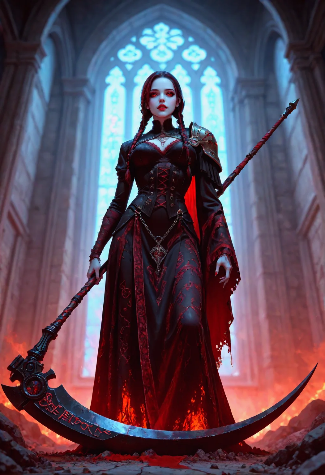 Cursed image; s4v3us;
The Cycles engine rendering showcases a sanguine demoness evoking a scene of grimdark elegance.
She is lunging forward wielding a sanguine scythe. The enormous scythe's dark red sickle head curves towards its sharp point.
Her slim figure is enshrouded in a frayed chain-cloak with a bloodstained design, featuring laced up elements, paired with bloody pieces of cloth. Bloodstained pages of parchment are seen on an ornate pauldron on one shoulder with cardinal red wax seals. Alchemical runes can be seen on the parchment. Her outfit's asymmetrical design is reminiscent of mysticism.
She has textured bloodstained hair styled into braids.
Set within ancient cathedral remnants with a metallic sarcophagus wrapped in chains in the background. The sarcophagus is covered in burgundy glowing symbols and appears floating above a pit in the ground with a fiery light illuminating chained coffin from below.
The rendering's style is impressing with stunning graphics, featuring volumetric lighting as well as chromatic dispersion. The color scheme is defined by immersive hues.
Inspired by nightmares.
<lora:il_s4v3us_god_save_us_all.safetensors:0.3>