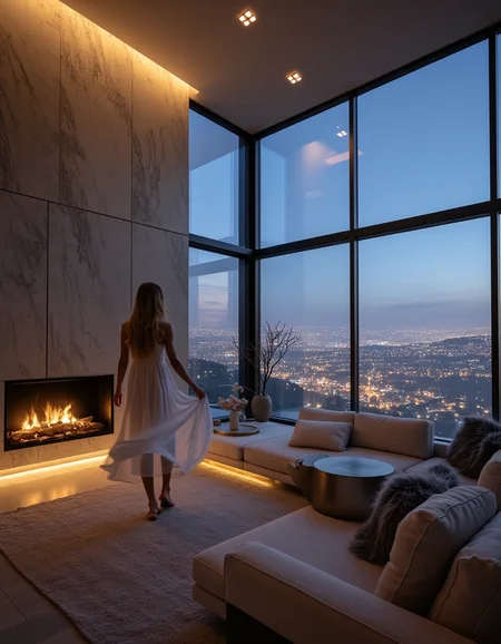 A serene yet captivating cinematic scene of a woman gracefully walking through her modern living room. She wears a flowing white dress, its fabric moving gently as she walks, accentuating her elegance. Her long, blonde hair cascades down her back, catching the soft, ambient light from the large windows that dominate one side of the room.
The living room is sleek and modern, with clean lines and minimalist furnishings. A fireplace set into a polished stone wall adds warmth to the scene, its soft, flickering light casting subtle shadows across the room. The windows offer a panoramic view of a sprawling cityscape at night, the buildings illuminated with countless twinkling lights that create a dramatic backdrop.
The space is styled with a neutral color paletteâgrays, whites, and soft beigesâenhanced by metallic accents like a brushed steel coffee table and gold fixtures. A low-profile sofa faces the fireplace, with a plush area rug beneath it adding texture. Modern art hangs on the walls, and small touches like a sleek vase with fresh flowers add personality to the space.
The atmosphere is intimate and cinematic, with warm lighting from the fireplace blending with the cool, diffuse glow from the city lights. The contrast creates a sense of depth and highlights the tranquil yet dynamic mood of the scene.
<lora:iphone-dev-6:1> iphone photo