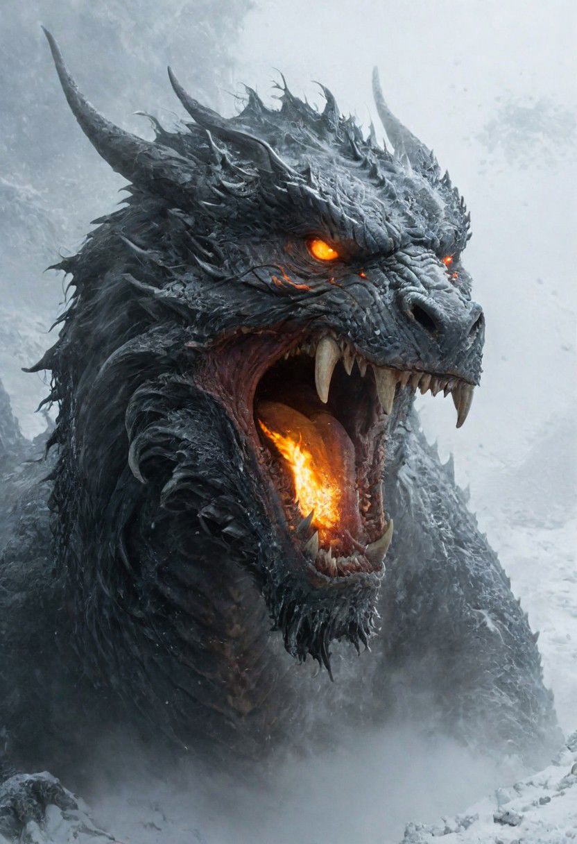 Monstrous blizzard with the fierce face of a dragon, engulfed in whiteout conditions, flames and fire, and buffeting winds. Cinematic, mysterious, sinister, scary, wild, deadly, and beastly. A nightmarish masterpiece.