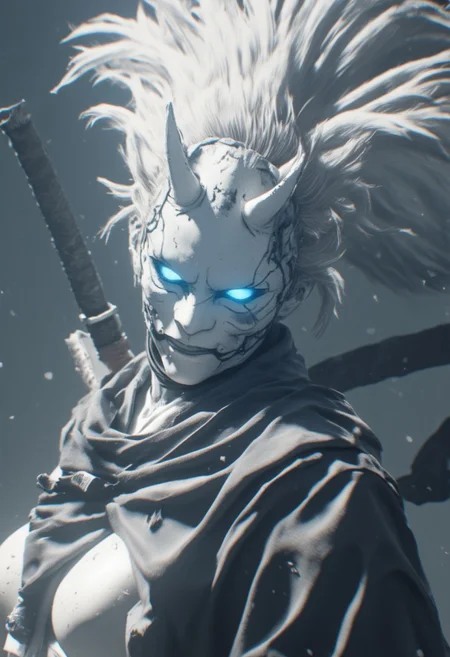 Monochrome with color, Action Scene, floating particles, billowing Hair, billowing Cape, Crystal clear atmosphere with sharp edges and high fidelity rendering, showcasing a cursed hkwarrior in gleaming, shattered white armor. The hkstyle armor has a glossy, pristine finish despite cracks revealing a faint inner glow. The focus is on a close-up of the ninja’s intricately designed helm, rendered with a modern art studio’s photographic precision. The helm’s shattered visor emits a piercing white-blue light, creating clean streaks as the warrior’s swift motion is captured. The samurai’s long, radiant hair flows perfectly, each strand sharply defined against a backdrop of a dystopian, white-washed metropolis with futuristic, glossy architecture in ruins. The background is crisp and clear, with sharp details even in the mist. No grain or blur; everything is rendered with modern studio lighting, revealing the glossy, polished surfaces and intricate design of the armor. The overall mood combines haunting beauty with powerful precision, captured in a modern, highly detailed, and strikingly realistic photograph.