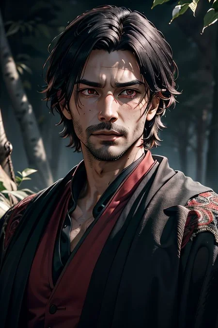 Master piece, highest quality, highest possible OverallDetail, semirealistic, red eyes,
Create an elder of a demonic sect.
The character looks like he is in his late twenties or early thirties. He is handsome.
He has black shoulder-length shaggy hair.
His outer robe is black and the inner robe is dark red.
His eyes are dark red. Detailed face. Red robe.
He meditates in nature.