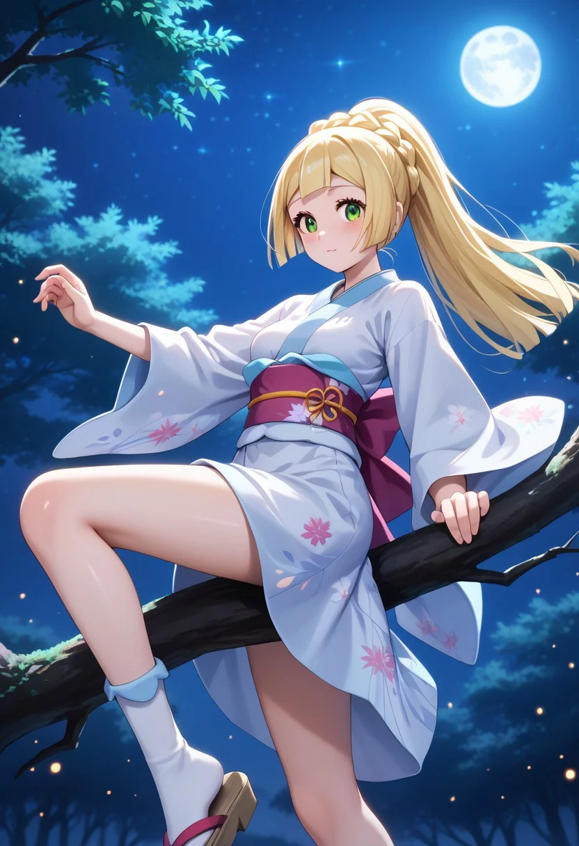 1girl, zzlillie, long hair, ponytail, French braid, japanese clothes, blonde hair, green eyes, white furisode, pink sash, floral print, white socks, sandals
night scene,moon in the sky,purple hues,starry night,dreamlike atmosphere,glowing edges,mystical,high contrast,ethereal light,sitting on a tree branch,light particles, woods, from below, leg up  
(best quality), ((intricate details)), (shiny skin), [eye lashes], ((anime style, extremely detailed, finely detailed, beautiful detailed face, beautiful detailed eyes, beautiful detailed shading)), (beautiful, beautiful amazing, ultra-detailed, 8K wallpaper, vibrant colors), [high saturation], [blush], cute, (perfect body, perfect anatomy, perfect face), (ultra-detailed face, perfect nose),  beautiful scenery, best quality, 2020s, highres, score_9, score_8, score_7, sharp focus,  (medium breasts)