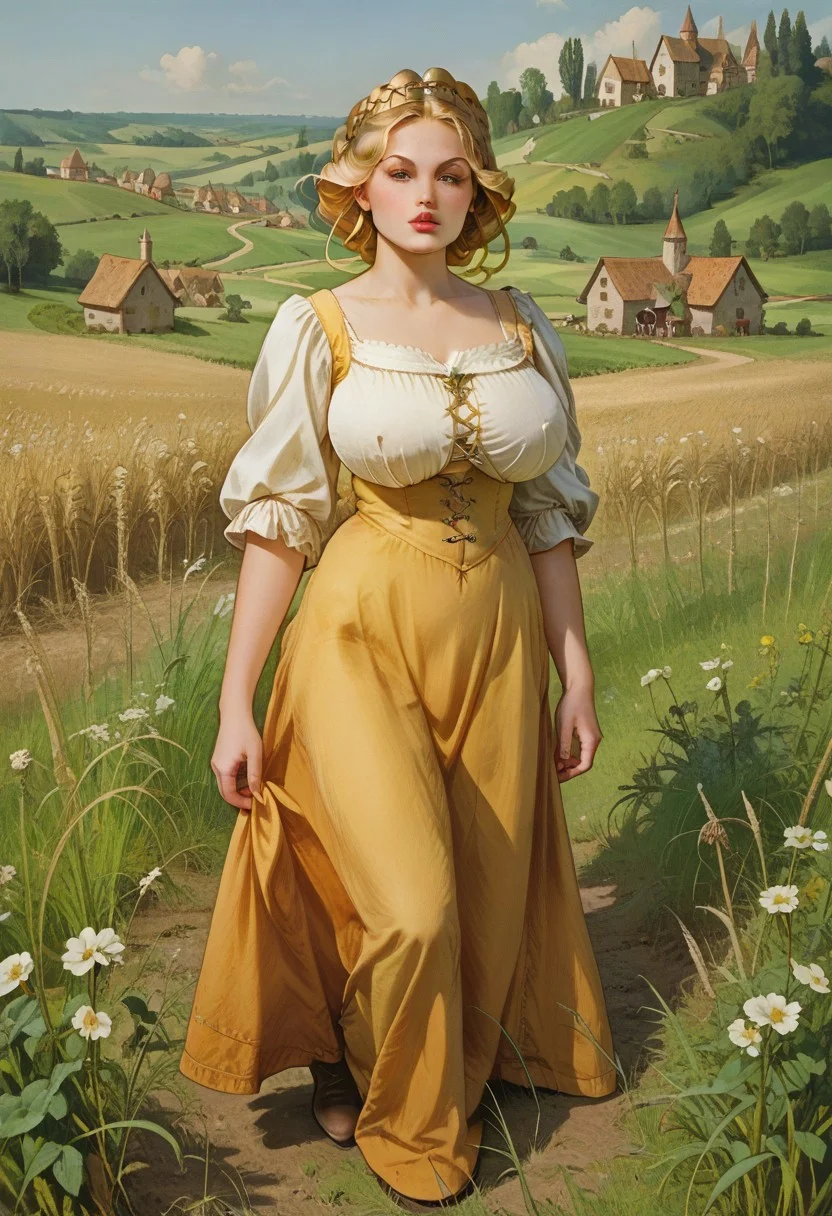 score_9, score_8_up, score_7_up, 1girl, Guin, blonde hair, full lips, huge breasts,medieval, peasants dress, working on the fields, small village in the background, by Alphonse Mucha