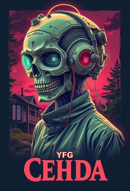 yfg-cehda poster, glow, neon, clean, high key photo, lower thirds text "YFG CEHDA", Skull, vector art, haunted house, zoom layer, indifferent, scanlines, Agustin Fernandez, savanna forest