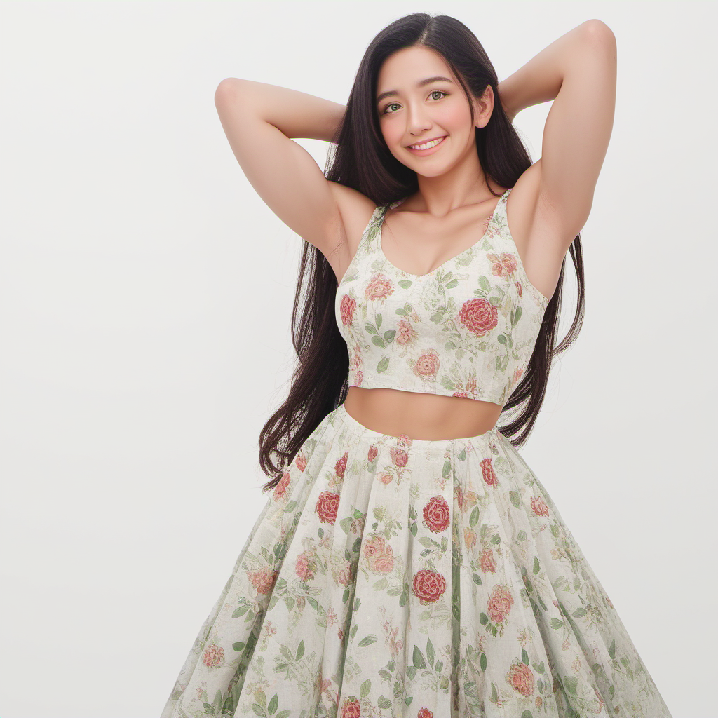 score_9, score_8_up, score_7_up, score_6_up,
<lora:Lehenga choli for Pony_epoch_3:0.65> lehenga_choli, dress,  floral print, midriff,  arms behind head, 
8k UHD anime art, (best quality, masterpiece, perfect face, beautiful and aesthetic:1.2, colorful, detailed, highest detailed face),
1girl, (warm smile, blush), lips, shimmering eyes, bright eyes, collarbone, green eyes,  black hair, very long hair, muscular female, 
medium breasts, green cloths, cowboy shot, 
white background, 
solo, solo focus,
<lora:add-detail-xl:1>
<lora:extremely_detailed:0.25> extremely detailed