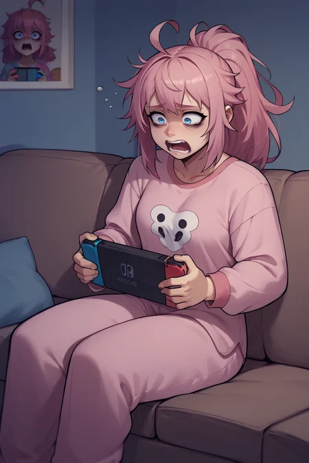 score_9, score_8_up, <lora:felicia-fe-richy-v1_xl:1> feliciarnd, pink hair, ponytail, blue eyes, pink pajamas, sitting, messy hair, ahoge, screaming, sleepy, bags under eyes, couch, nintendo switch