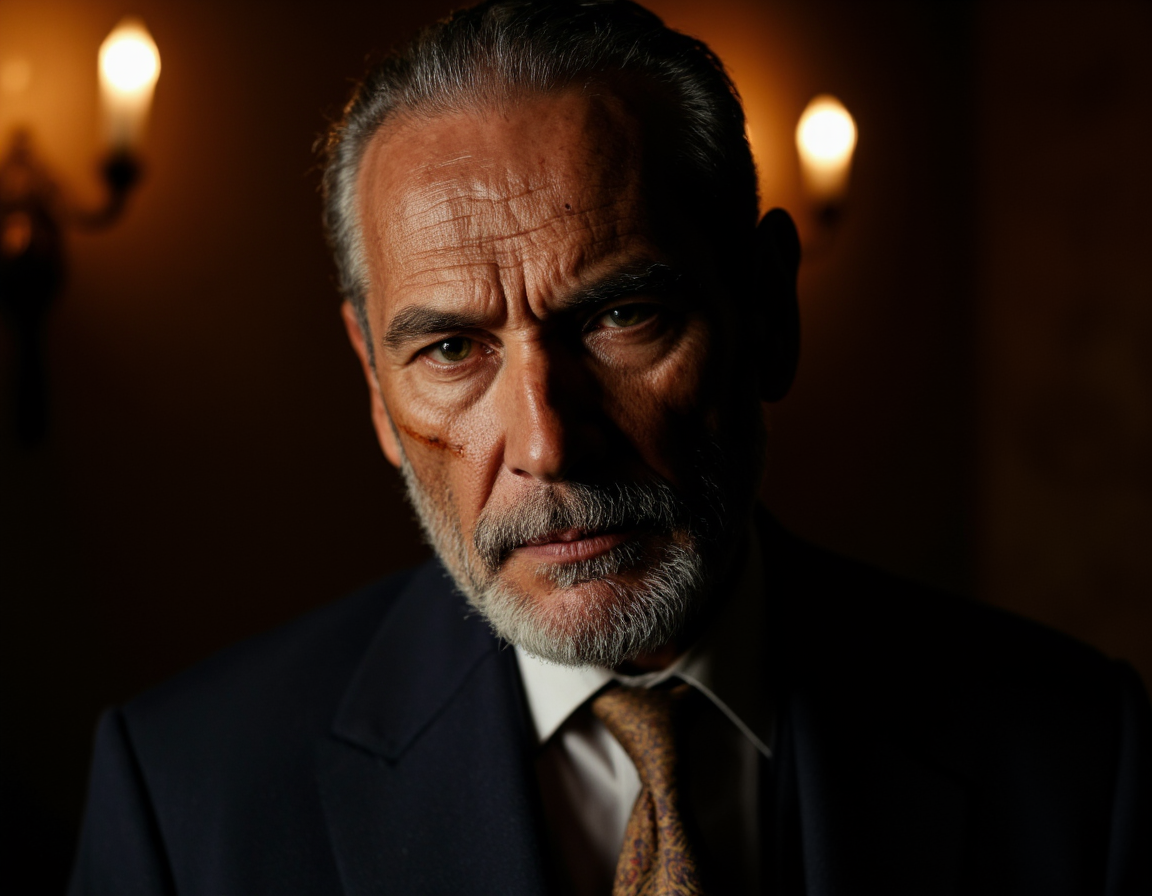<lora:{people, }People:0.85> people, A stunning, photorealistic portrait of an elderly man set against the dramatic backdrop of a dark, old studio, captured in exquisite 4k detail. The man, likely of European descent, has a rugged, weathered complexion with deep wrinkles, age spots, and a distinctive scar above his left eyebrow, giving him a characterful appearance. His hair is thinning, gray, and combed back, revealing a prominent forehead and a pair of piercing brown eyes that seem to hold a wealth of experience and wisdom. He sports a well-groomed, short white beard and mustache, which adds to his distinguished look. The man's expression is contemplative, with a hint of sadness and a slight, enigmatic smile playing on his lips. He wears a classic, fitted suit with a crisp white shirt and a patterned tie, which adds a touch of elegance to his overall demeanor. The studio background is dimly lit, with only a few, strategically placed light sources casting warm, golden tones and deep shadows that accentuate the man's facial features and clothing. The lighting is soft and diffused, with a slight cinematic glow that adds depth and dimension to the image. The overall atmosphere is one of quiet reflection and introspection, as if the man is lost in thought. The portrait is shot in a close-up, slightly low-angle perspective, which emphasizes the man's stature and draws the viewer's attention to his face and eyes. The image features a shallow depth of field, with a subtle bokeh effect that blurs the background, while the man's face remains sharp and crystal-clear, inviting the viewer to explore every detail of his rugged, aged complexion. The photorealistic rendering style and 4k resolution combine to create an almost lifelike image, with intricate textures and nuances that seem to leap off the screen. 8k highest resolution with sharp intricate details. Hyperrealistic, detailed, and vivid. . 35mm photograph, film, bokeh, professional, 4k, highly detailed