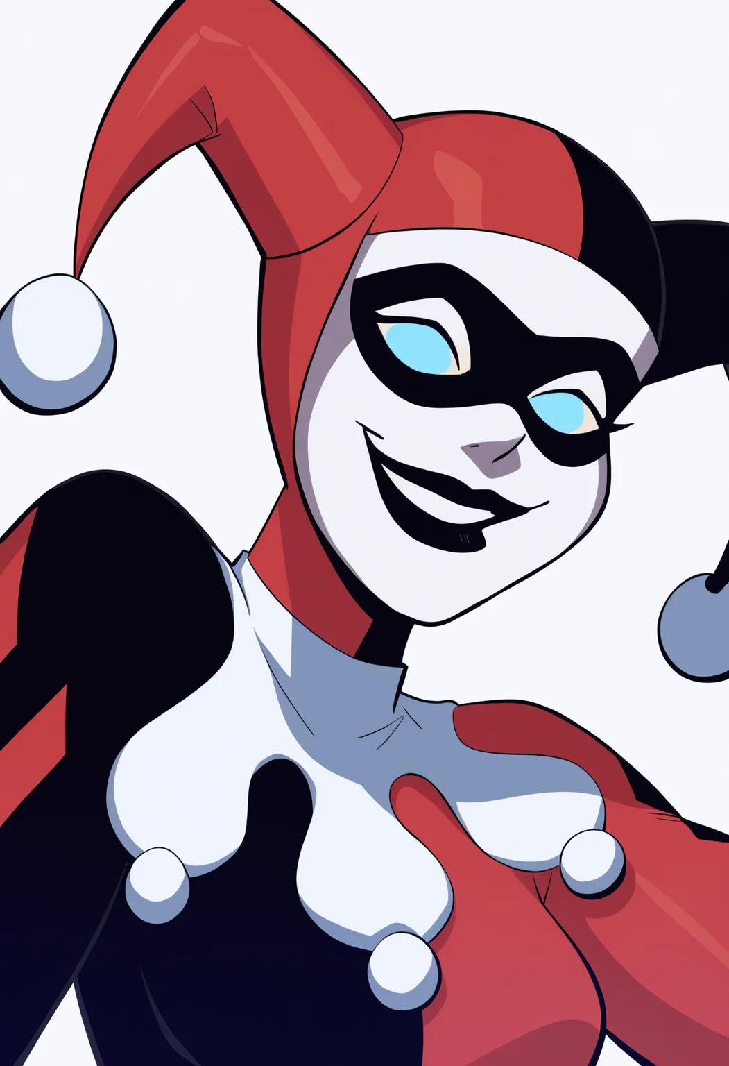 score_9, score_8_up, score_7_up, score_6_up, score_5_up, score_4_up, BREAK source_cartoon,
1girl, hq1992, domino mask, jester cap, blue eyes, no pupils, black lips, black and red bodysuit,
smile, upper body, looking at viewer, solo, simple background, white background, <lora:HQ1992XL:1>