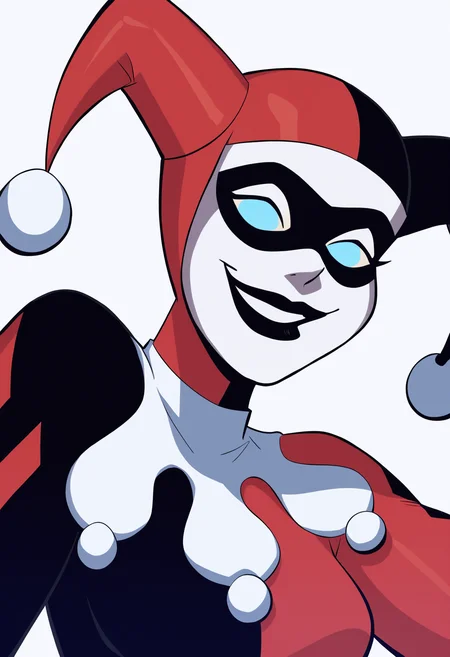 score_9, score_8_up, score_7_up, score_6_up, score_5_up, score_4_up, BREAK source_cartoon,
1girl, hq1992, domino mask, jester cap, blue eyes, no pupils, black lips, black and red bodysuit,
smile, upper body, looking at viewer, solo, simple background, white background, <lora:HQ1992XL:1>