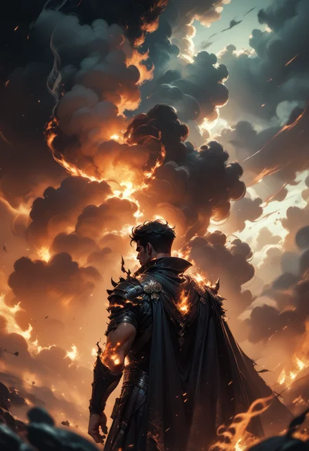 (score_9, score_8_up), score_7_up, solo, 1boy, standing, male focus, outdoors, sky, cloud, water, from behind, cape, ocean, cloudy sky, fire, smoke, giant, burning,
blurry, depth of field, CINE,
 <lora:CINE-000012:0.9>