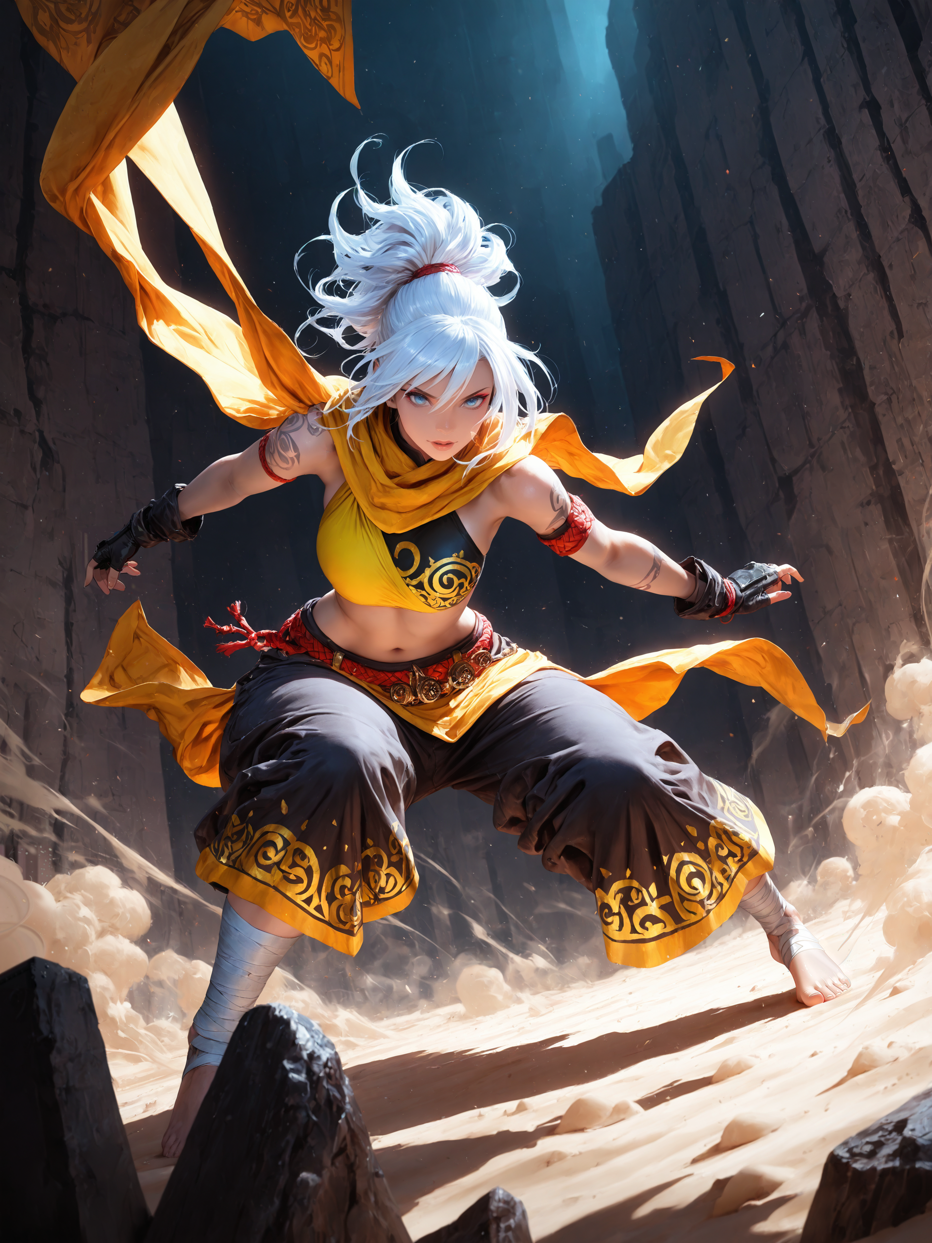 <lora:PonyMythAn1m3V2:0.8>, (zPDXL3), (fixl-art), <lora:cfg_scale_boost:0.9>,
score_9_up, score_8_up, score_7_up, masterpiece, realistic, ultra quality, hyper detail,
barefoot ,bandaged ankle, layered under bikini, black loose capri pants with gold flowery embroidery, slit on the thighs, sari embroidery tops, fabric long colorful belt, (shoulder tatoo), fingerless leather gloves, waist accessory, arm band, updo, wrist Chief BREAK
theme of monk, daunting pose, wide hips,
detailed blue eyes, white hair, gradient white hair, on a cliff, Dust and sand underfoot, elemental aura overflowing from her hands, MythAn1m3, dynamic angle, looking at viewer from behind above