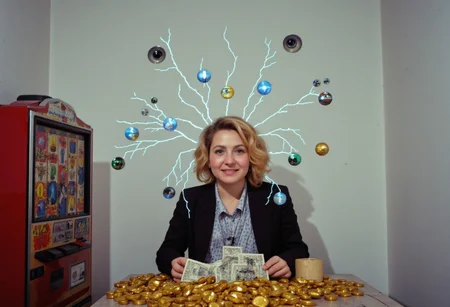 woman face foreward, showered with gold coins and cash, she has a wild look in her eyes like she has just won a jackpot in a very clean white room science experiment, woman of 18 years old with a blond bob cut in a business suit, curly hair sitting at a modern slot machine. She has no face and only skin for a face. She is surrounded by multi colored bolts of high intensity electricity and lightning as well as holograms of futuristic cubes projecting around the room with eyeballs inside them