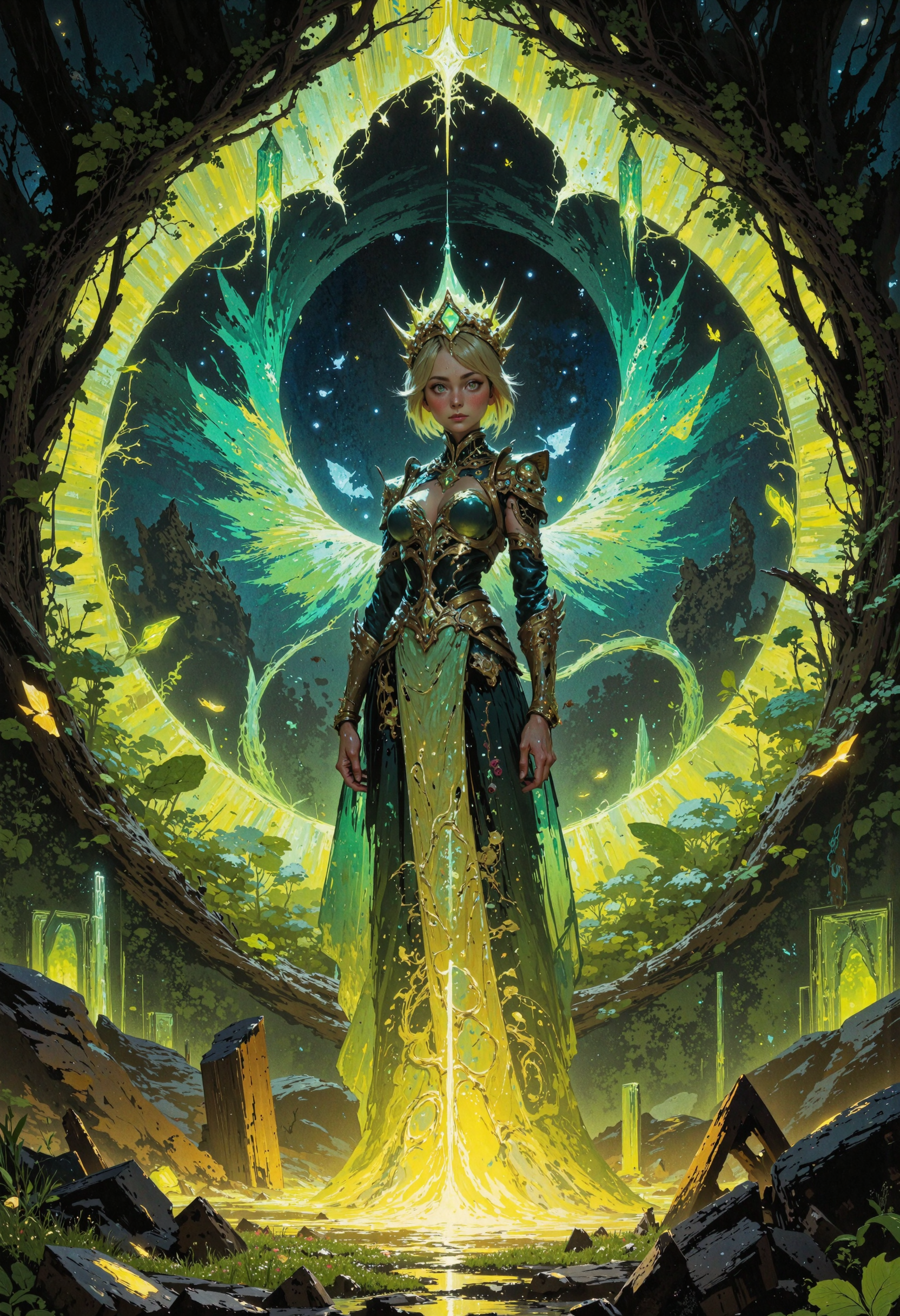 masterpiece, high-quality, A mystical elven queen stands beneath a luminous archway of crystalline vines, captured from a tilted side view that highlights the dynamic interplay of light and shadow across her shimmering emerald and gold gown. Her short, golden hair is crowned with radiant ornaments resembling falling stars, and her serene expression radiates quiet power. Around her, glowing moths drift lazily through the misty air, their wings leaving faint trails of light that ripple through the hyperdetailed reflections on the crystalline ground. Behind her, an endless meadow of bioluminescent flowers stretches toward a surreal twilight horizon where two massive, glowing moons hover in perfect stillness., <lora:FLUX\FLUX-daubrez-DB4RZ:0.3> <lora:FLUX\ArcaneFGTNR:0.5> <lora:FLUX\VividlySurrealApex:0.6> <lora:FLUX\DarksunRiddV4:0.6> <lora:FLUX\Anime v1.3:0.5>