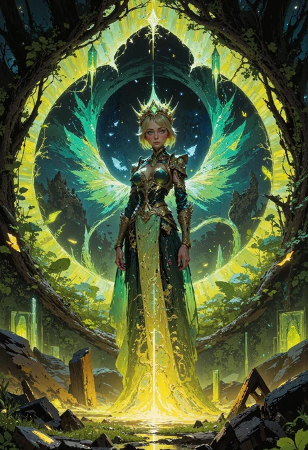 masterpiece, high-quality, A mystical elven queen stands beneath a luminous archway of crystalline vines, captured from a tilted side view that highlights the dynamic interplay of light and shadow across her shimmering emerald and gold gown. Her short, golden hair is crowned with radiant ornaments resembling falling stars, and her serene expression radiates quiet power. Around her, glowing moths drift lazily through the misty air, their wings leaving faint trails of light that ripple through the hyperdetailed reflections on the crystalline ground. Behind her, an endless meadow of bioluminescent flowers stretches toward a surreal twilight horizon where two massive, glowing moons hover in perfect stillness., <lora:FLUX\FLUX-daubrez-DB4RZ:0.3> <lora:FLUX\ArcaneFGTNR:0.5> <lora:FLUX\VividlySurrealApex:0.6> <lora:FLUX\DarksunRiddV4:0.6> <lora:FLUX\Anime v1.3:0.5>