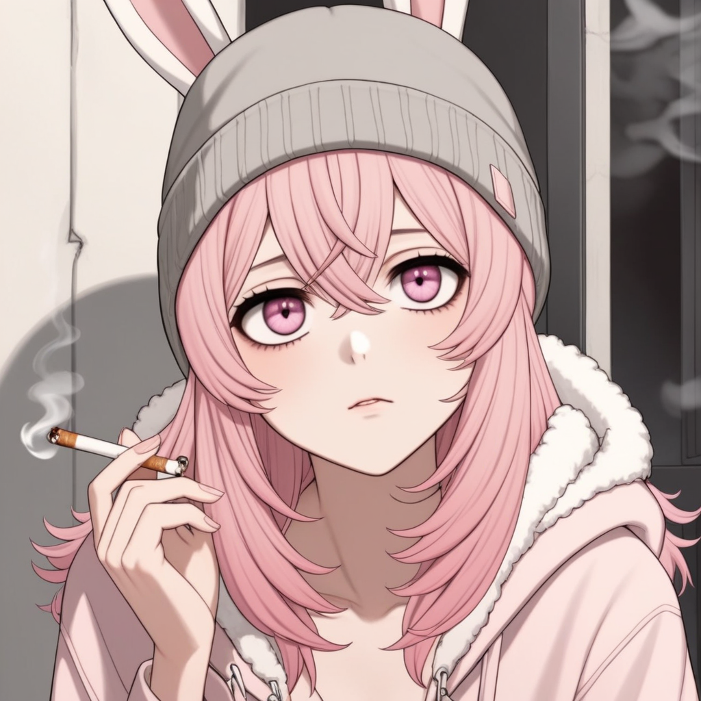 pippa, pink hair, pink eyes, rabbit ears, grey beanie, ((bags under eyes, sad, smoking a cigarette,)) sitting, 
 <lora:PIPPA-XL-t9-000001:0.6>