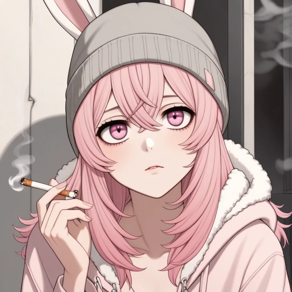 pippa, pink hair, pink eyes, rabbit ears, grey beanie, ((bags under eyes, sad, smoking a cigarette,)) sitting,
<lora:PIPPA-XL-t9-000001:0.6>