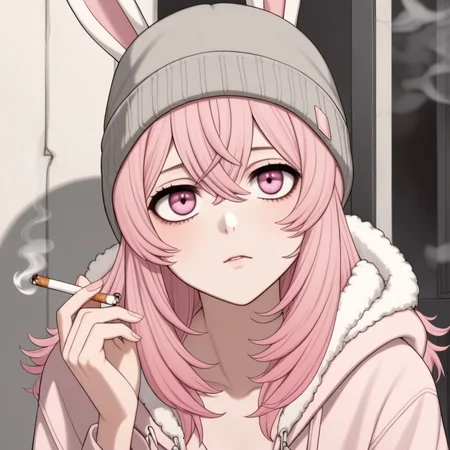 pippa, pink hair, pink eyes, rabbit ears, grey beanie, ((bags under eyes, sad, smoking a cigarette,)) sitting,
<lora:PIPPA-XL-t9-000001:0.6>