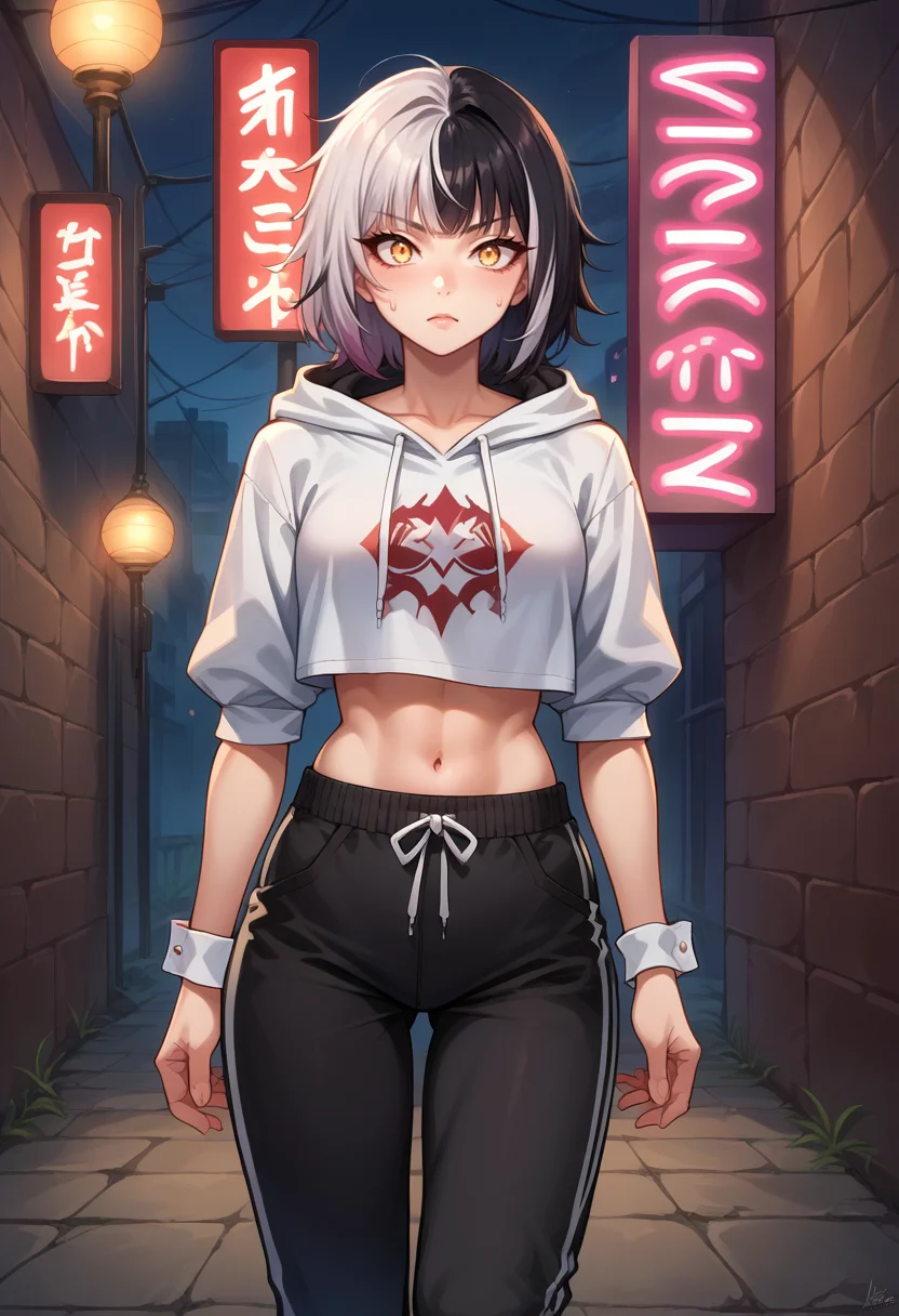 score_9, score_8_up, score_7_up, source_anime, 1girl, solo, ShioriNovella, split-color hair, white hair, black hair, yellow eyes, medium hair, wrist cuffs, stylish outfit, hip hop, midriff, night, alley, neon lights, confident stance, hoodie, sweatpants, <lora:ChamShioriNovella:1>