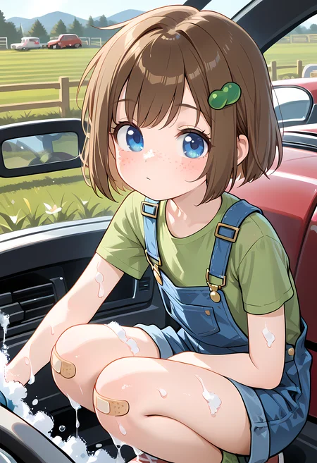 <lora:add-detail-xl:1>,masterpiece,best quality,amazing quality,very aesthetic,absurdres,newest,huge filesize,<lora:spo_sdxl_10ep_4k-data_lora_webui:0.5>,1girl, freckles, brown hair, bandaid, blue eyes, , short hair, hair ornament, bandaid on knee, face focus,farm background,Lily Hopkins, <lora:lily_hopkins_ill:0.8>,,flat chest,,blue overalls,green shirt, <lora:ponyxl-car_wash-concept-v01:1> car wash,car wash, windshield, steering wheel,soap bubbles,squatting
