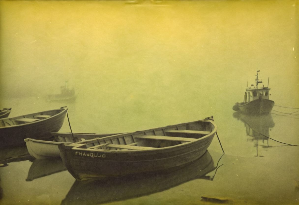 colouring_experiment_analogue, a foggy sea with some fisherboats, hard shadow