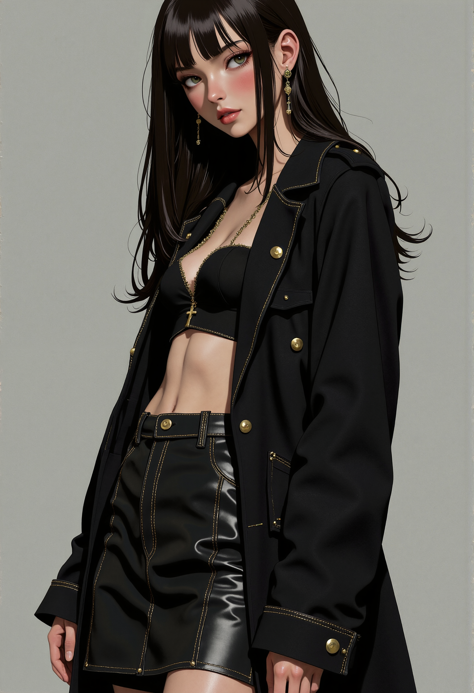 30yo 

british, 

girl

with long 
black hair,

depicted with correct anatomy and natural proportions,

clothes random,

posing, full-length shot, realistic style,

location is random.