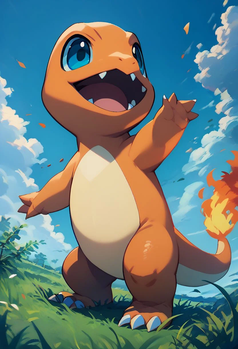 score_9, score_8_up, score_7_up, vivid bright colors,
zzCharmander, open mouth, blue eyes, full body, outdoors, sky, day, cloud, blue sky, grass