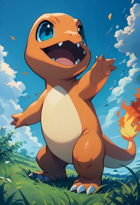 score_9, score_8_up, score_7_up, vivid bright colors,
zzCharmander, open mouth, blue eyes, full body, outdoors, sky, day, cloud, blue sky, grass