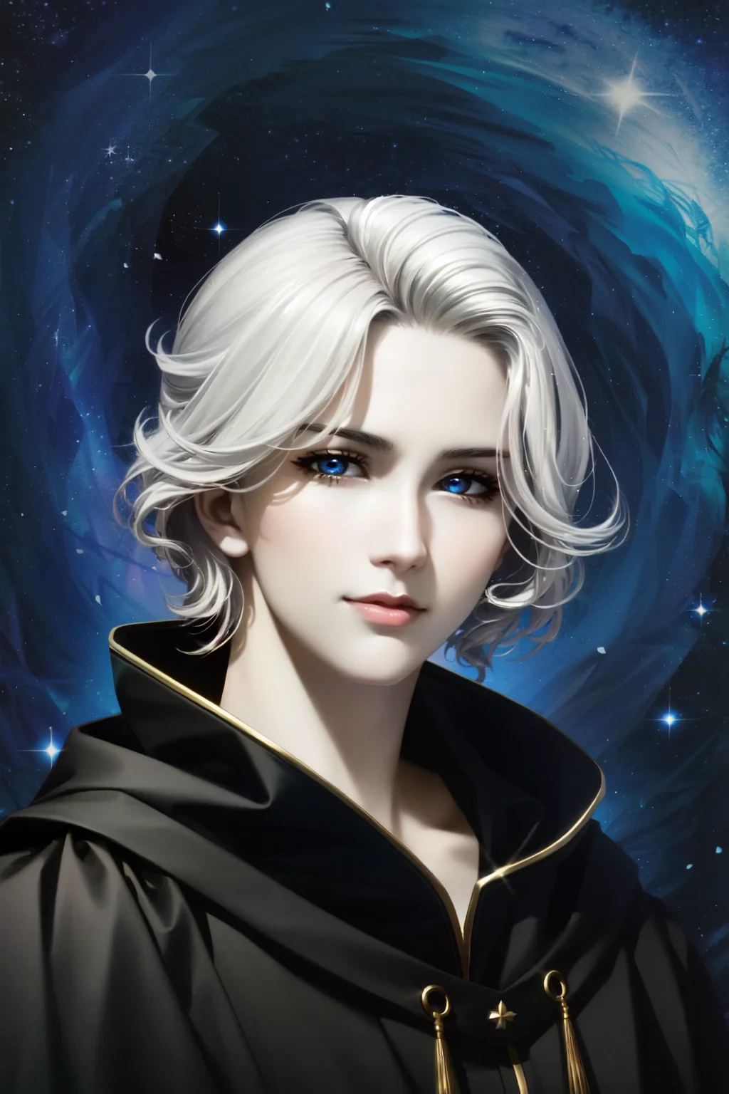 <lora:HadesEmetSelch:.7> Emet Selch,(masculine),(male_focus), (masterpiece, best quality, ultra-detailed, highres), perfect face, side-lighting, lustrous skin,(bloom), (shine), lighting, ray tracing, solo, 1boy, male focus, yellow eyes, portrait, white hair, star \(sky\), black robe, robed, hooded robe, looking at viewer, blue theme, starry sky, night, sky, lips, smile, depth_of_field, very detailed background, highly detailed background, Masterpiece, Ultra detailed, great composition,Dynamic angle,extremely delicate and beautiful,(Highest picture quality), (Master's work), depth of field, solo, extreme light and shadow, masterpiece, rich in detail, (fine features), (highest quality), (masterpiece), (detailed eyes), (beautiful) detailed, beautiful detailed eyes,(masterpiece), (best quality), (ultra-detailed), (best illustration),(best shadow),perfect lighting , perfect anatomy , vivid colors,