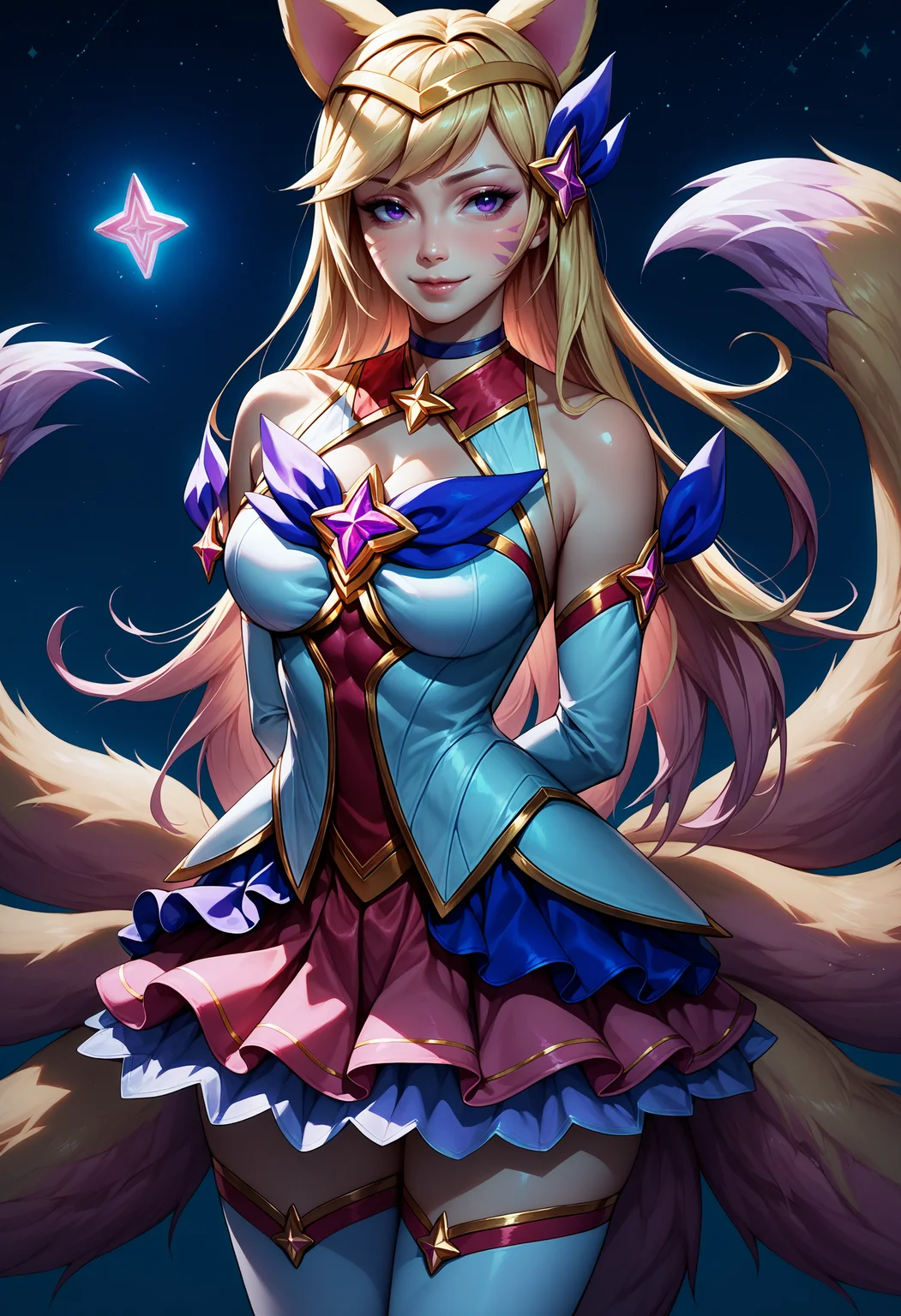 score_9, score_8_up, score_7_up, 1girl, ahriStrGdn, animal ears, facial mark, fox tail, multiple tails, long hair, blonde hair, purple eyes, large breasts, hair ornament, choker, magical girl, star (symbol), bare shoulders, cleavage, detached sleeves, skirt, white thighhighs, arms behind back, <lora:AhriAllInOne_pdxl_Incrs_v1:1>, seductive smile,