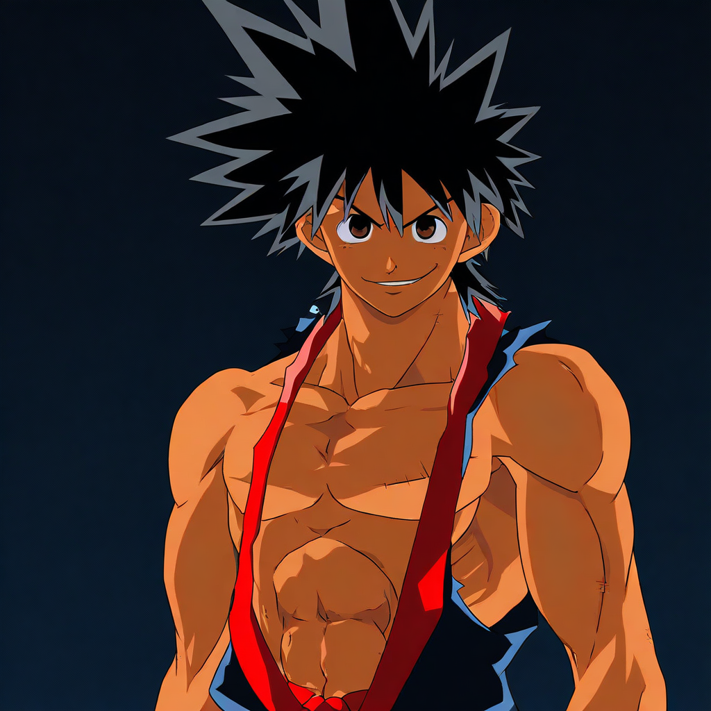 official style, male focus, solo, Yama, black hair, spiky hair, brown eyes, topless, smirk, sleeveless karate outfit, dougi, upper body