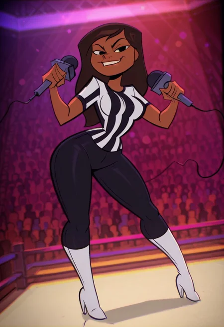 JessicaJaclynTMNT, 1girl, solo, dark-skinned female,  dark skin, brown hair, long hair, black eyes, large breast, large butt, thick thighs, microphone, referee uniform, striped shirt, short sleeves, black pants, white boots, high heels,
,seductive pose, sexy pose, tease, 
masterpiece, best quality, fine details, intricate details, depth of field, subsurface scattering, bokeh,
 ultra-detailed, very aesthetic, detailed background, newest, scenery, highres, absurdres, colorful, vibrant, glowing, perfect face, 2d, perfect eyes,  vibrant saturated colors, volumetric lighting, sharp, detailed eyes, perfect anatomy,  perfect face, perfect eyes, mature body, clear eyes, beautiful eyes, athletic, curvy body, athletic girl, perky tits, perfect tits, round breasts, pinup pose, teasing, lustful expression, perfect hands, 
muscular female, dutch angle, 
,Smooth Negative, Smooth_Quality,