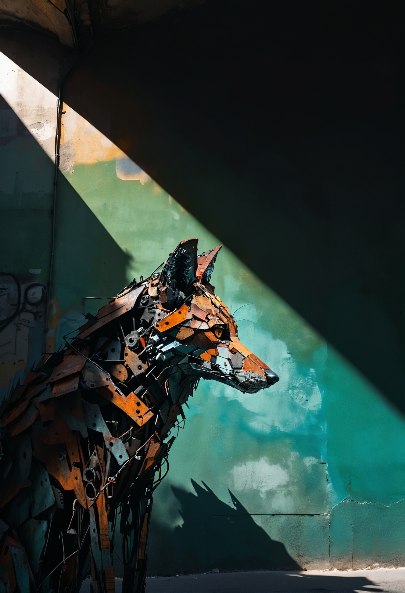 [ dappled light on a black background : (Mechanical), rich deep colors, dark and moody, a mesmerizing blend of shadows, close-up silhouette portrait of street art by Bordalo II in downtown Lisbon, a mechanical fox. strong contrast, stark, dramatic, high contrast, masterpiece, absurdres, intricate details <lora:TQ_-_Animals_Made_Of_Ruins:0.8> : 4]