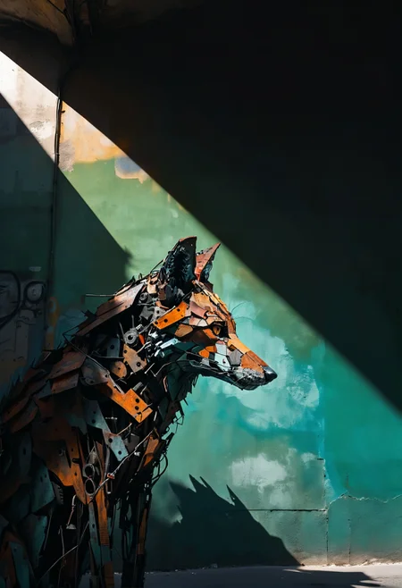 [ dappled light on a black background : (Mechanical), rich deep colors, dark and moody, a mesmerizing blend of shadows, close-up silhouette portrait of street art by Bordalo II in downtown Lisbon, a mechanical fox. strong contrast, stark, dramatic, high contrast, masterpiece, absurdres, intricate details <lora:TQ_-_Animals_Made_Of_Ruins:0.8> : 4]