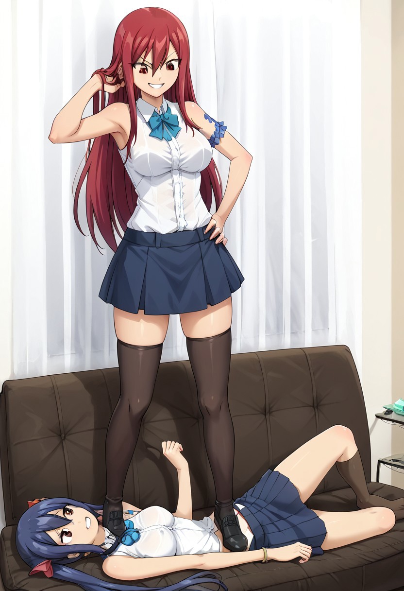 score_9,score_8_up,score_7_up,score_6_up,source_anime, studio lighting, dynamic, Crush_Trample, trample, lesbian domination, dents from trampling, crush, trampling, one girl stands on another girl,
erza scarlet trample wendy marvell, (2 different girls with different hair and different clothes:1.3)
BREAK 
first girl: (1girl, top, erza scarlet, long hair, red hair, hair between eyes, brown eyes, latex blue skirt, shirt, bow, sleeveless, sleeveless shirt, tattoo, white shirt, stockings, frills, dominatrix, trampling, erza scarlet tramples wendy marvell's boob, erza scarlet tramples wendy marvell's belly, dominant girl, skinny, athletic, looking down, evil grin), foot domination, foot worship,
BREAK
another girl: (1girl, bottom, wendy marvell, long hair, hair ornament, twintails, blue hair, bare shoulders, armlet, small boobs, naked boobs, white panty, wendy marvell lying on sofa, petite, submissive, wendy marvell pain face),