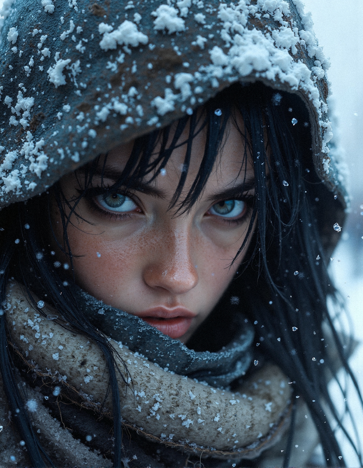 A hyper-realistic close-up portrait of a fierce survivor wrapped in a frost-laden hood, her piercing icy-blue eyes burning with determination against the relentless snowstorm. Her face is partially concealed beneath a thick, rugged scarf, its coarse fabric weighed down by frozen condensation and glistening ice crystals. Strands of damp, raven-black hair cling to her forehead, frozen droplets catching the soft, diffused winter light. The heavy hood drapes over her head, encrusted with layers of snow and frost, the texture of the fabric subtly worn and battle-worn, suggesting years of enduring the harsh elements. Her sharp, angular brows frame her gaze, an expression of hardened resilience against the freezing cold. The dynamic snowfall blurs into the background, creating an ethereal depth, each delicate snowflake illuminated as it catches the light. The scene is an exquisite blend of cinematic intensity and breathtaking realism, capturing every micro-detail from the crystallized breath forming around her lips to the tiny fractures of ice tracing her battle-worn cloak. The atmosphere is thick with frigid air, an immersive winter survival aesthetic where beauty and brutality coexist in perfect harmony.
 <lora:FluxDFaeTasticDetails:0.3> <lora:MoriiMee_Gothic_Niji_Style_FLUX:0.4> <lora:realism_lora_comfy_flux_converted:0.65>