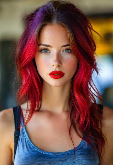 1girl, bellissima, blurry, brown hair, dress, freckles, grey eyes, jewelry, lips, long hair, looking at viewer, multicolored hair, nose, parted lips, realistic, red lips, shirt, solo, tank top