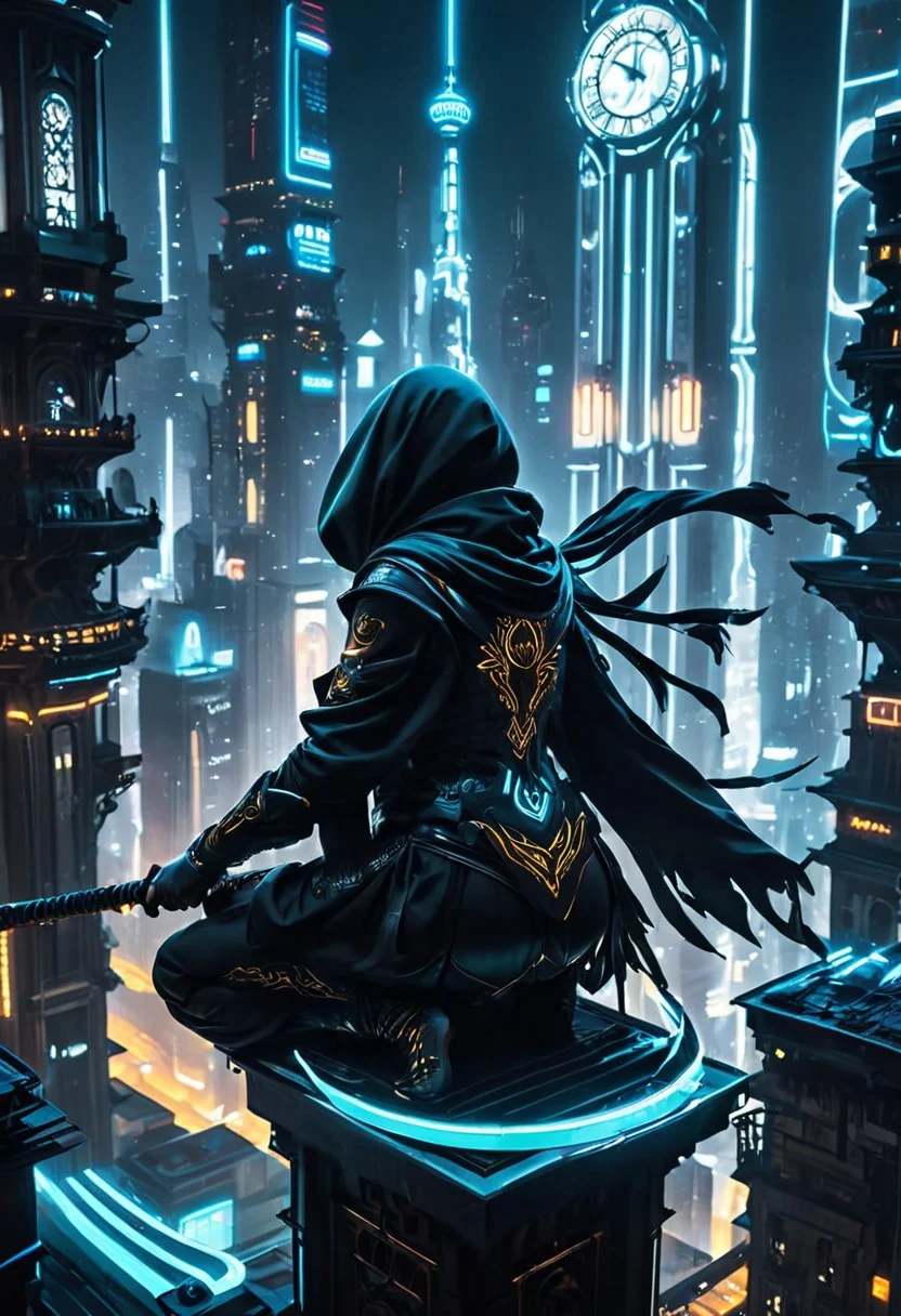 Assasin, A closeup of fantastical image of a assasin false glory, darkness of night fall, Their filled with power and determination, clad in flowing, flowing scarf, wielding an scarf ornate, scarf ornate, as they wield the scarf n a fluid, sword carried behind the body, squatting on top of the building at the end of the clock tower like an assassin, sitting squatting pose, hands touch the ground, squatting all four, action pose, clock tower, from behind view, cyberpunk city, neon city, skindentation, glowing, shiny, scifi, neon lights, intricate artistic color, cinematic light, radiant, vibrant, perfect symmetry, Grayscale, Dramatic spotlight, highly color focused, dynamic motion, very dark,